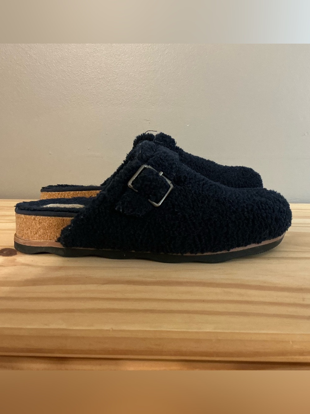 Clarks Collection Brynn Navy Sherpa Cork Footbed Slide Mules